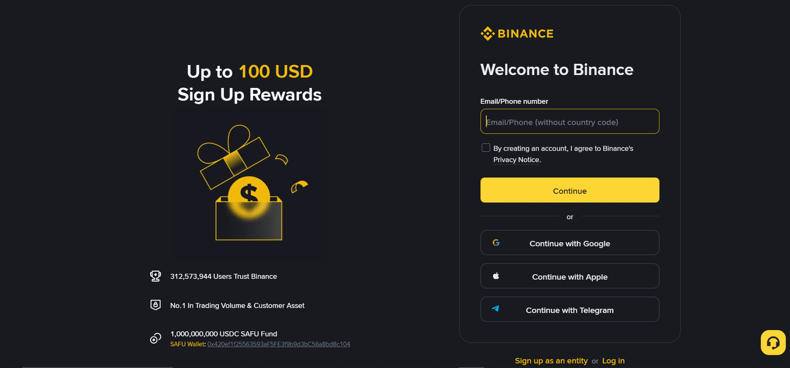 binance exchange profile registration page screenshot 1