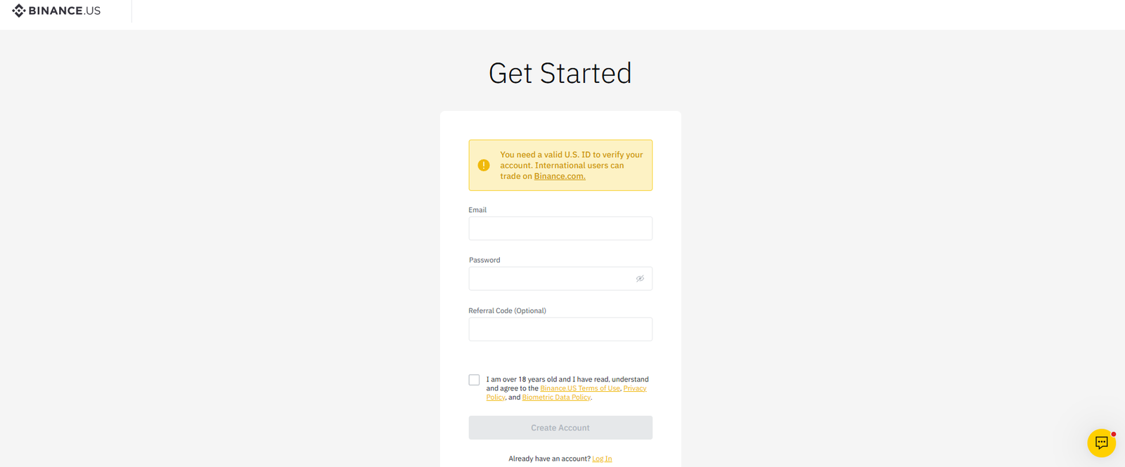 binance.us exchange profile registration page screenshot