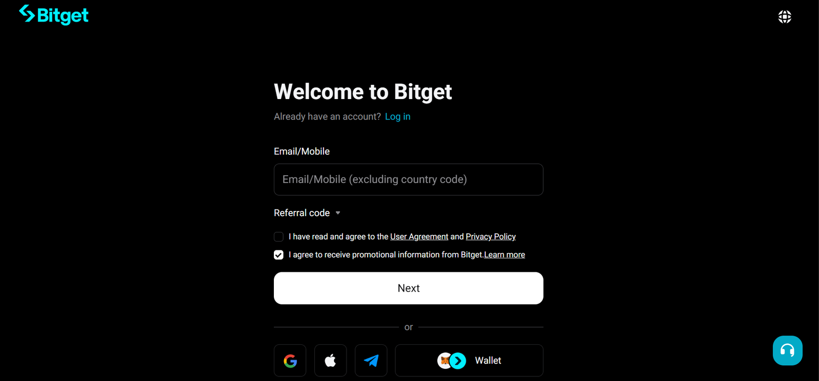 bitget exchange profile registration page screenshot