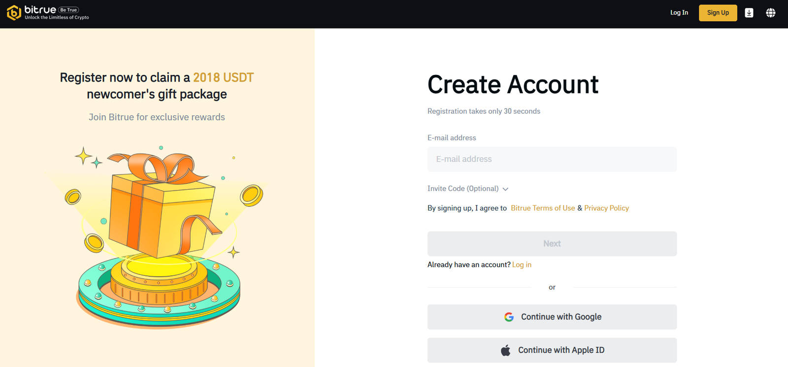 bitrue exchange profile registration page screenshot