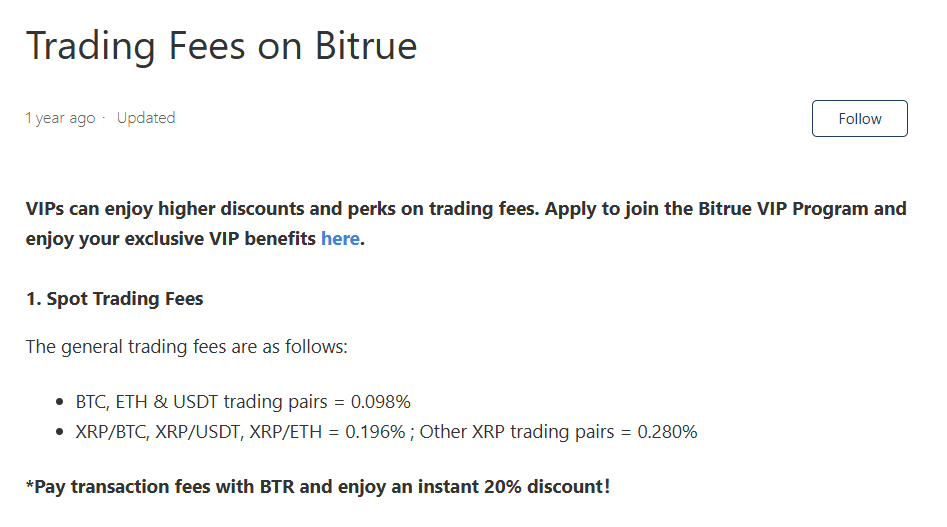 bitrue exchange profile trading fees table screenshot