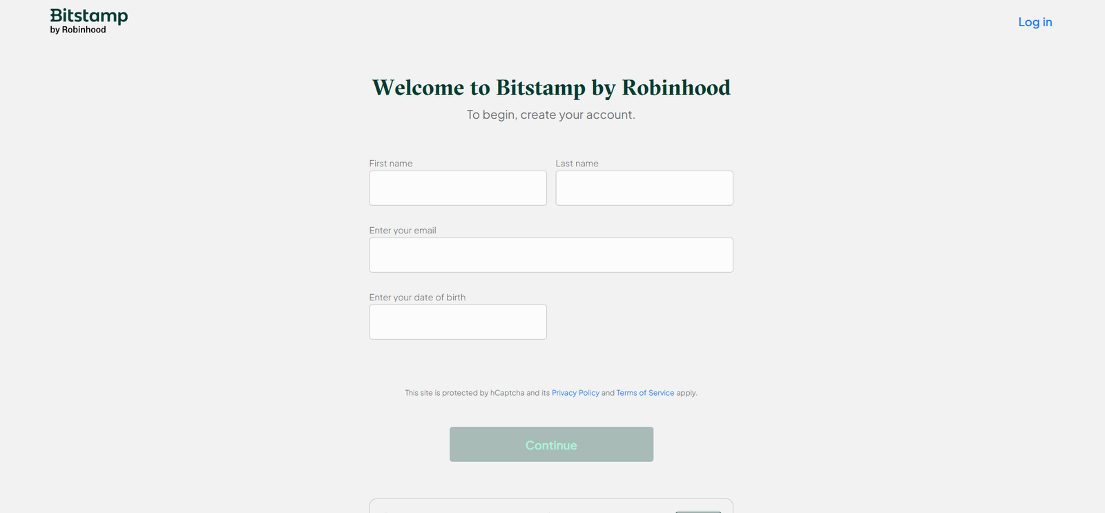 bitstamp exchange profile registration page screenshot