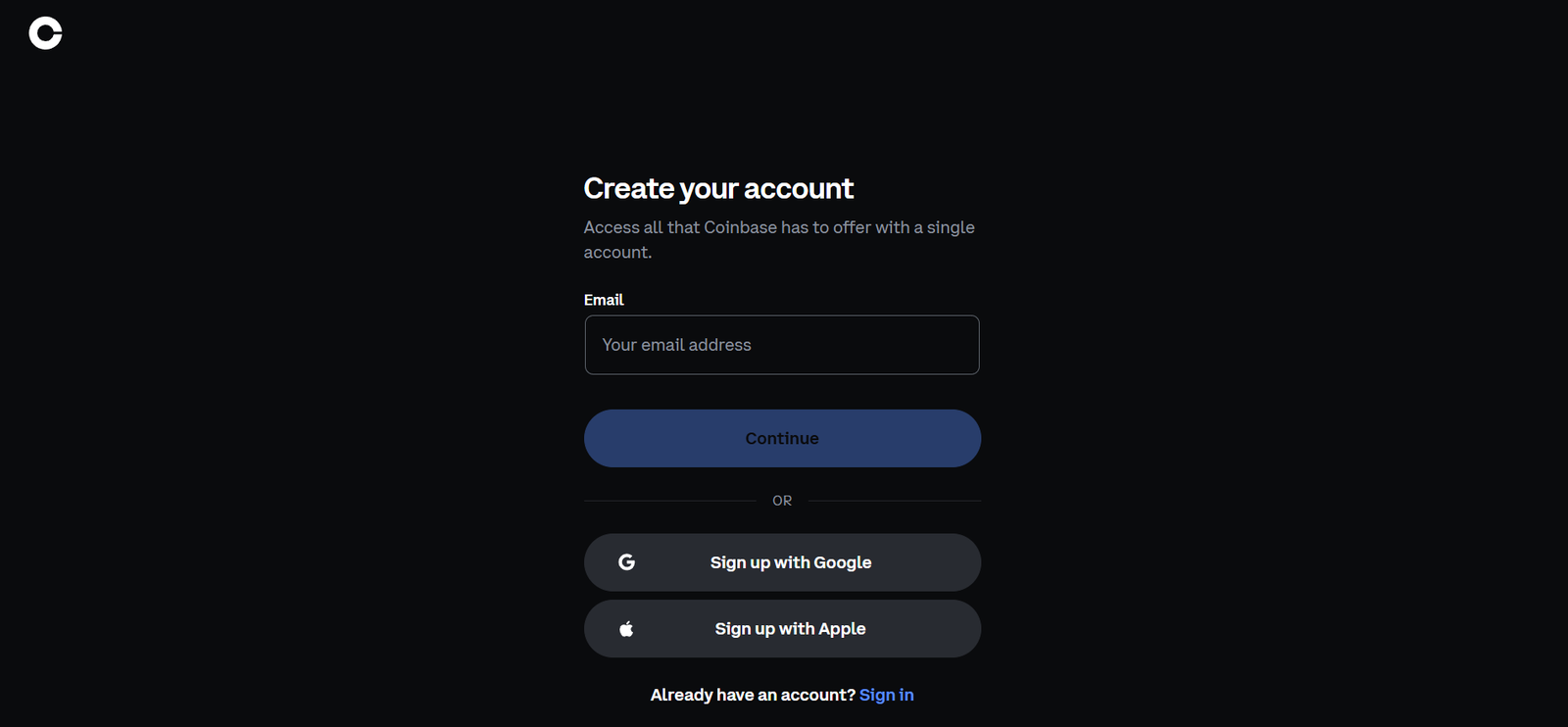 coinbase exchange profile registration page screenshot