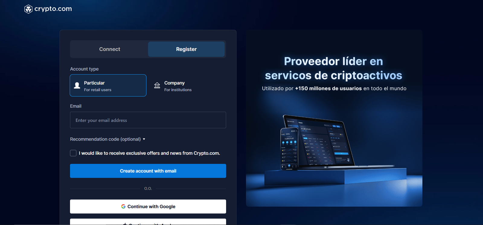 crypto.com exchange profile registration page screenshot
