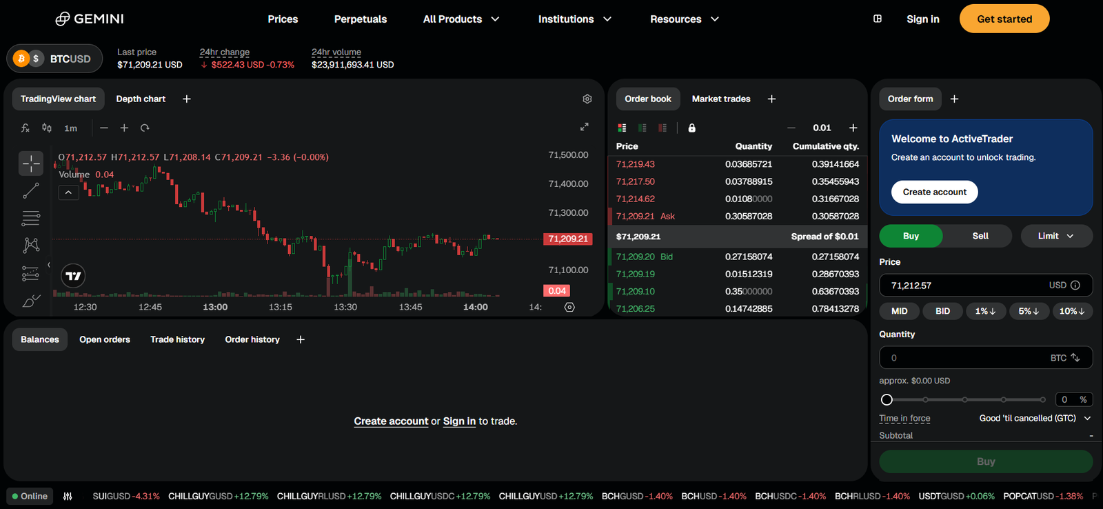 gemini exchange profile spot trading page screenshot