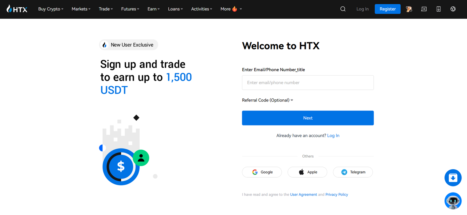htx exchange profile registration page screenshot