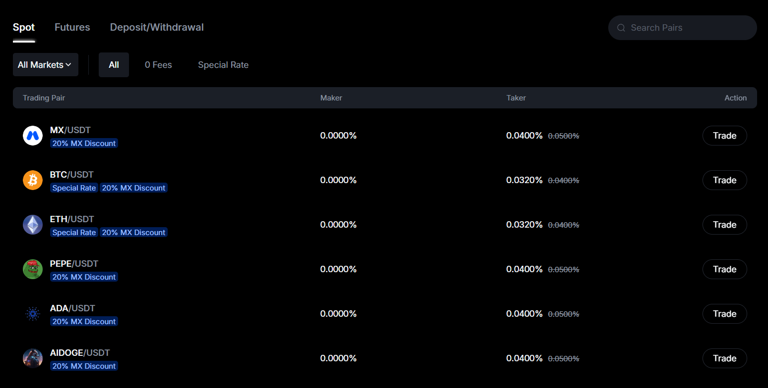 mexc exchange profile trading fees table screenshot
