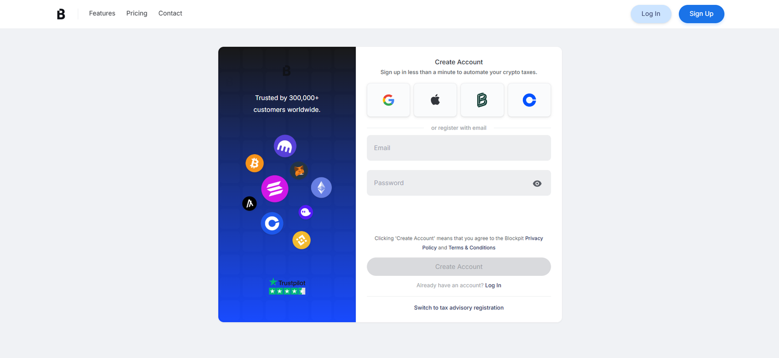 Blockpit - Crypto Tax Software Review blockpit crypto tax software profile sign up page screenshot