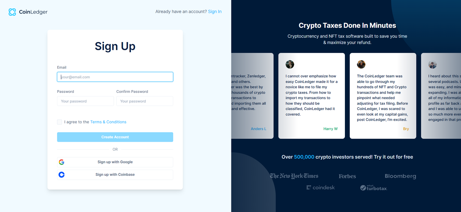 coinledger crypto tax software profile sign up page screenshot