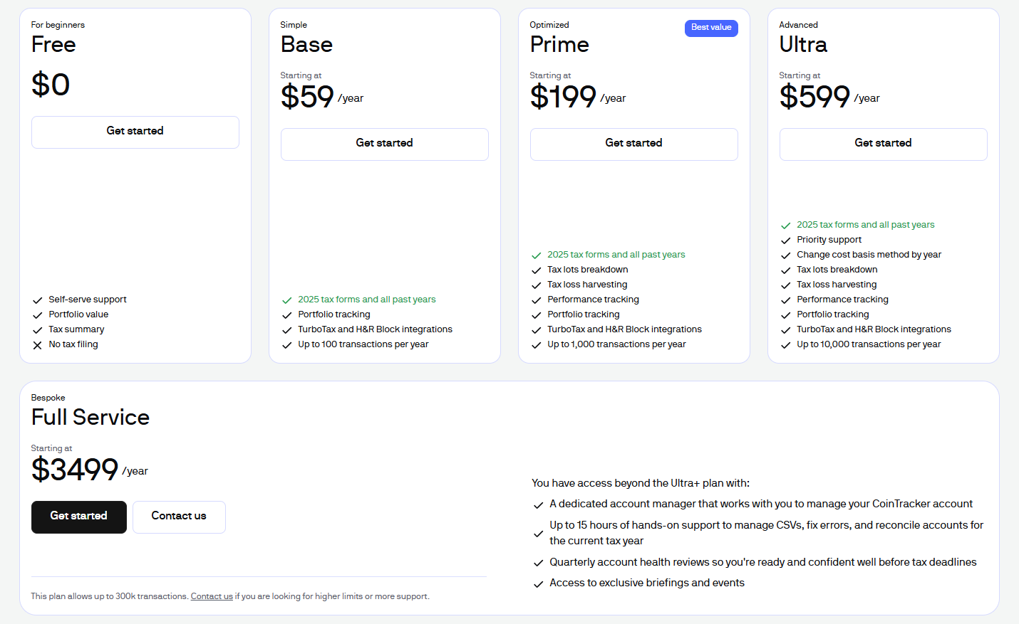 cointracker crypto tax software profile pricing table screenshot