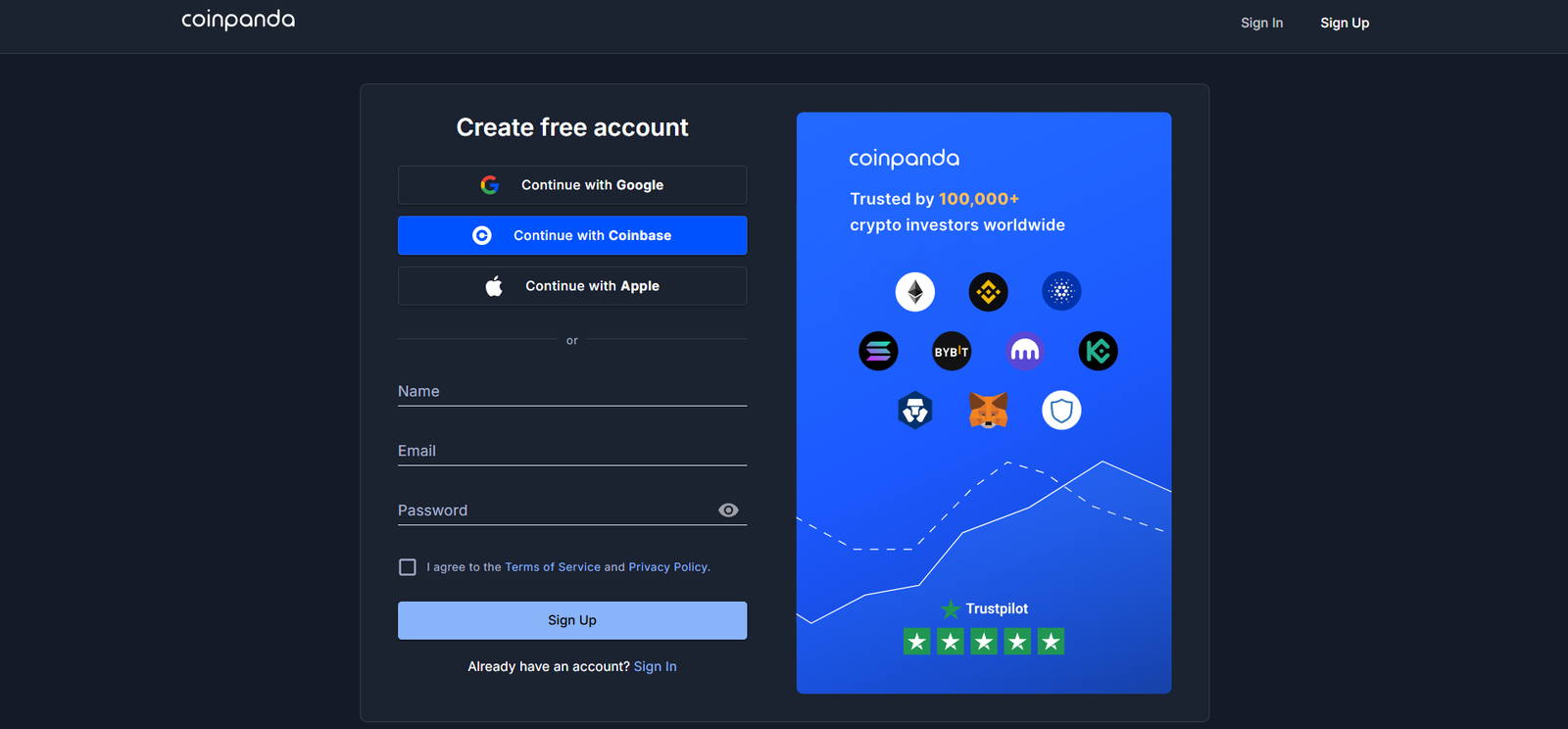 Coinpanda - Crypto Tax Software Review coinpanda crypto tax software profile sign up page screenshot