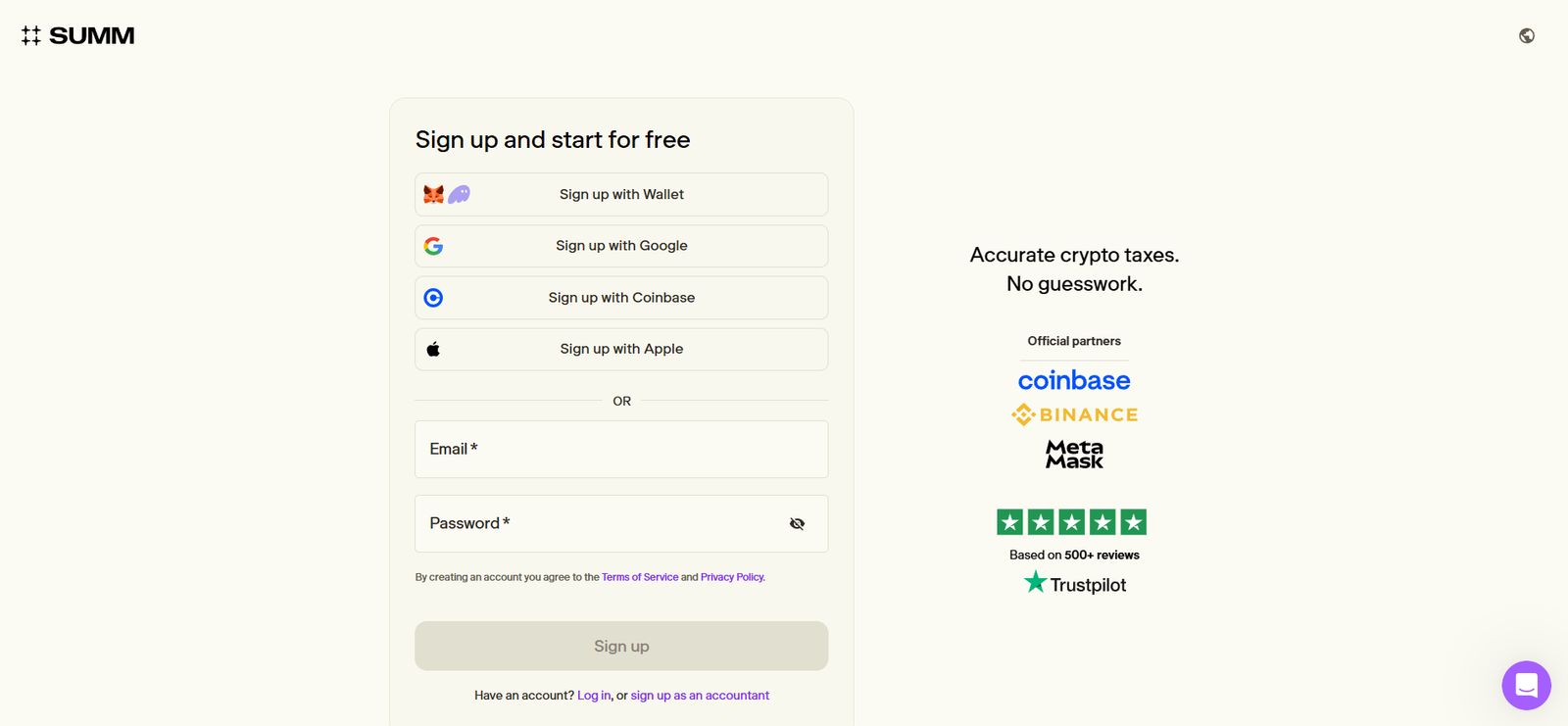 summ crypto tax software profile sign up page screenshot