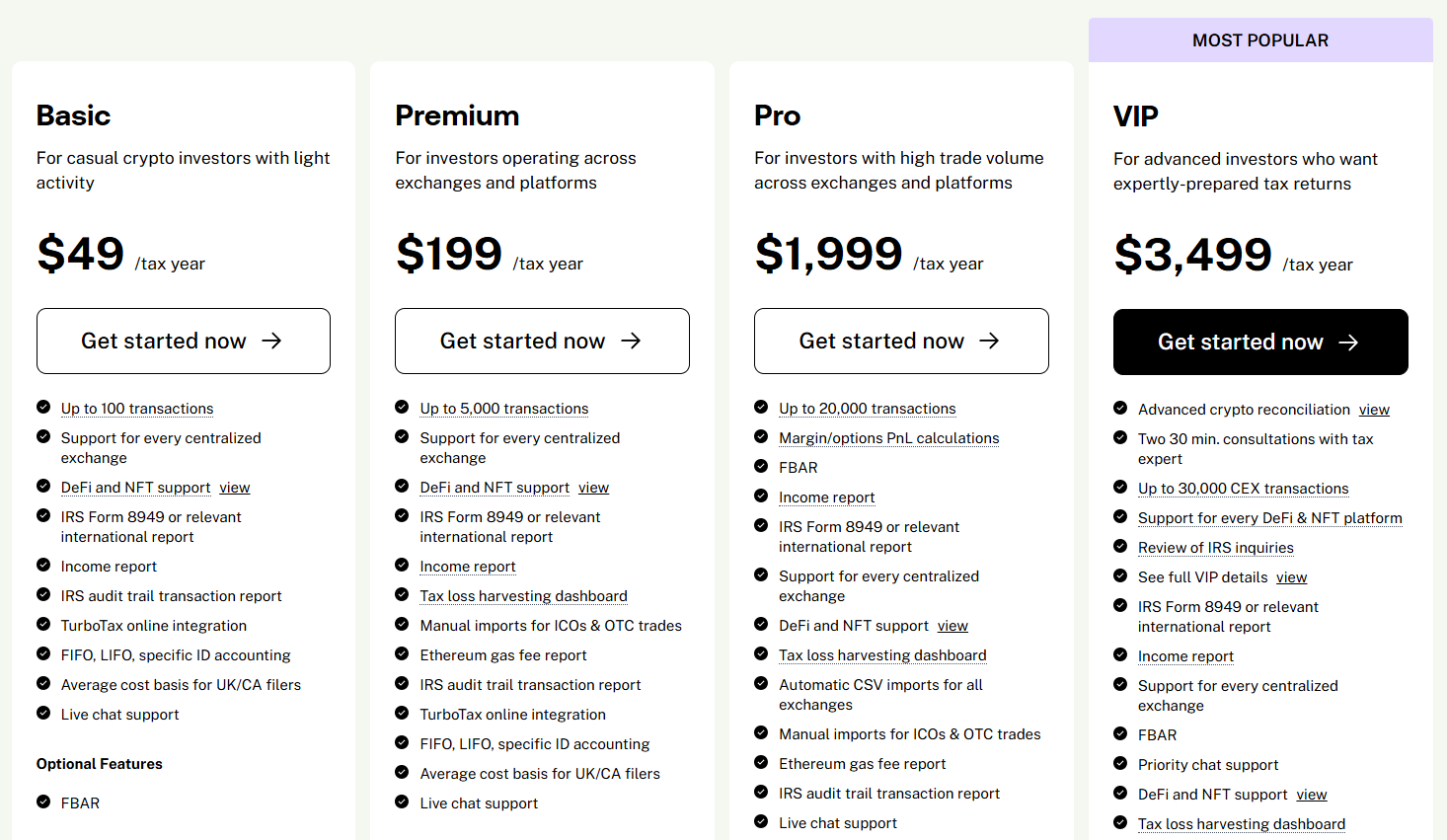 tokentax crypto tax software profile pricing table screenshot