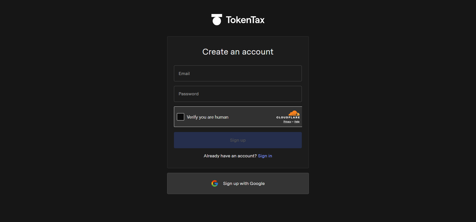 tokentax crypto tax software profile sign up page screenshot