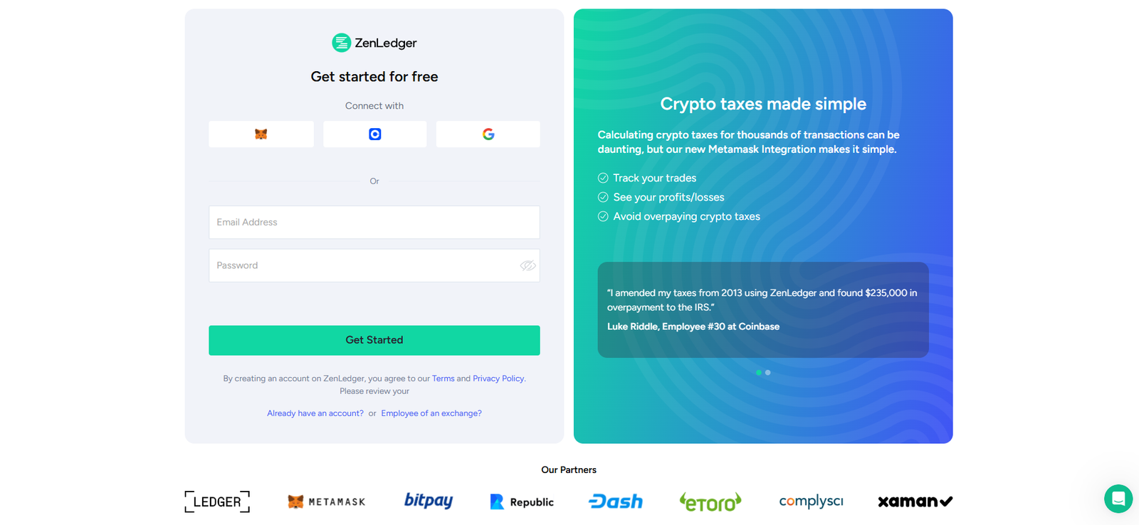 ZenLedger - Crypto Tax Software Review zenledger crypto tax software profile sign up page screenshot